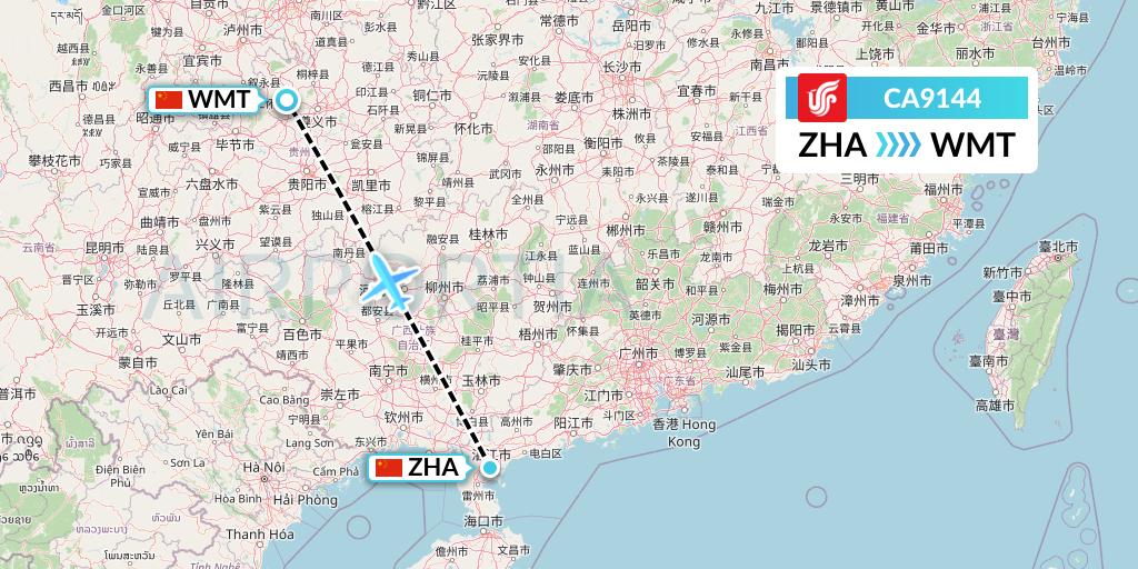 CA9144 Air China Flight Map: Zhanjiang to Zunyi