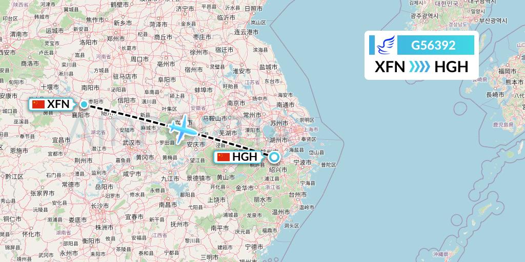 G56392 China Express Airlines Flight Map: Xiangyang to Hangzhou
