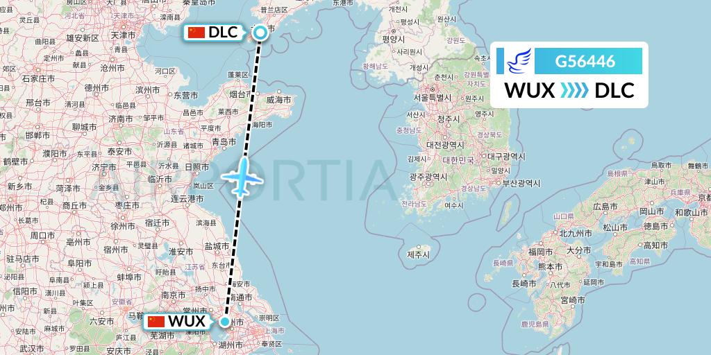 G56446 China Express Airlines Flight Map: Wuxi to Dalian