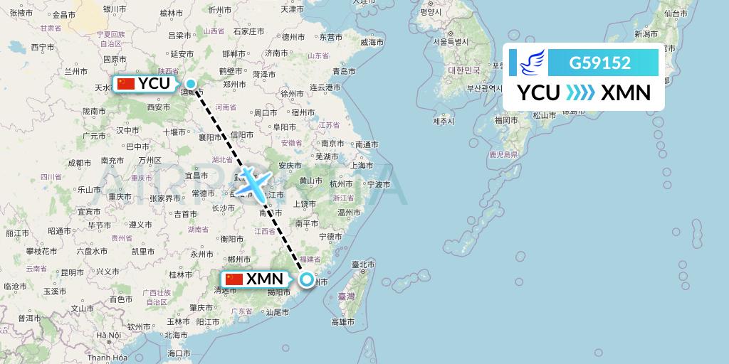 G59152 China Express Airlines Flight Map: Yuncheng to Xiamen