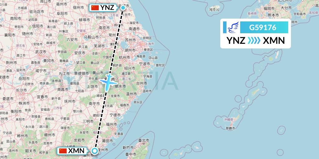 G59176 China Express Airlines Flight Map: Yancheng to Xiamen