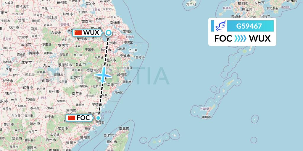 G59467 China Express Airlines Flight Map: Fuzhou to Wuxi