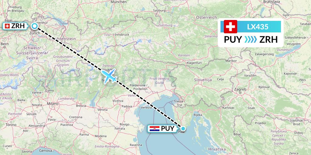 LX435 Swiss Flight Map: Pula to Zurich