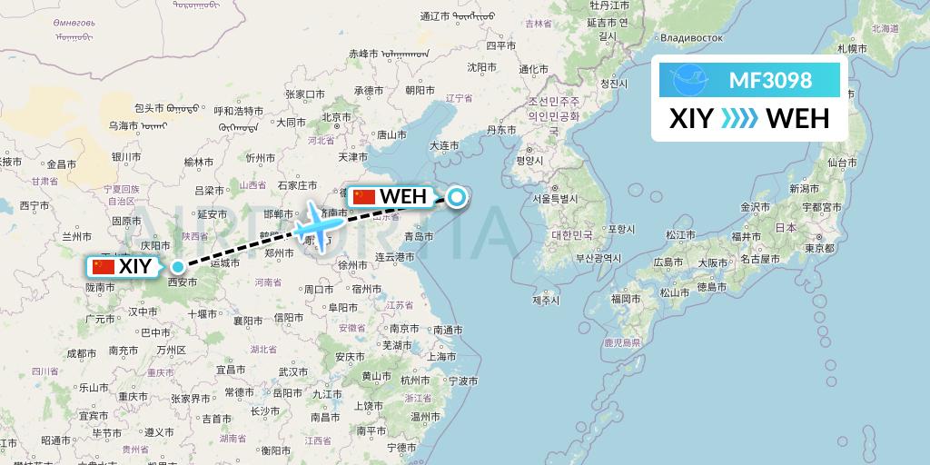 MF3098 Xiamen Airlines Flight Map: Xi'an to Weihai