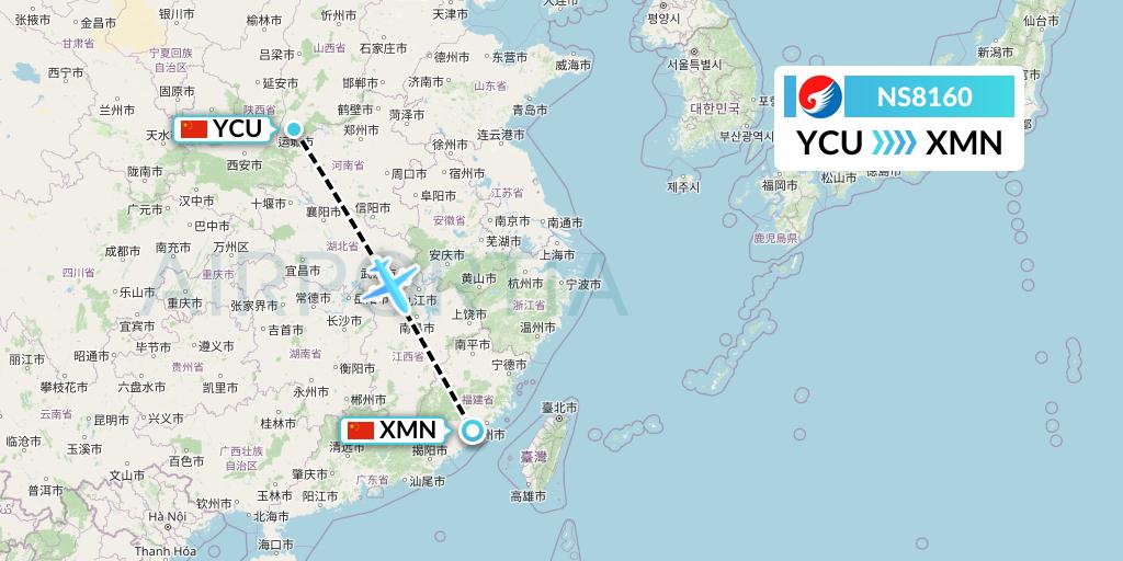 NS8160 Hebei Airlines Flight Map: Yuncheng to Xiamen