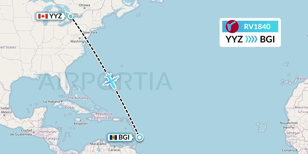 RV1840 Air Canada Rouge Flight Map: Toronto to Bridgetown