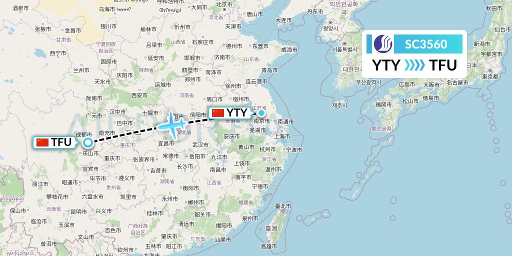 SC3560 Shandong Airlines Flight Map: Yangzhou to Chengdu