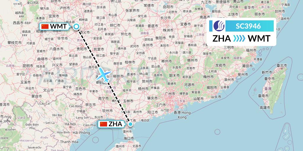 SC3946 Shandong Airlines Flight Map: Zhanjiang to Zunyi