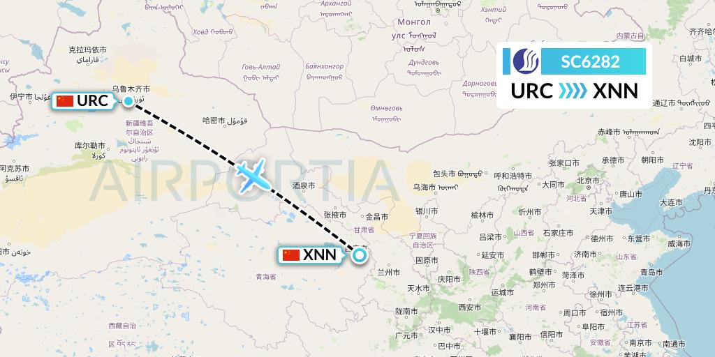 SC6282 Shandong Airlines Flight Map: Urumqi to Xining