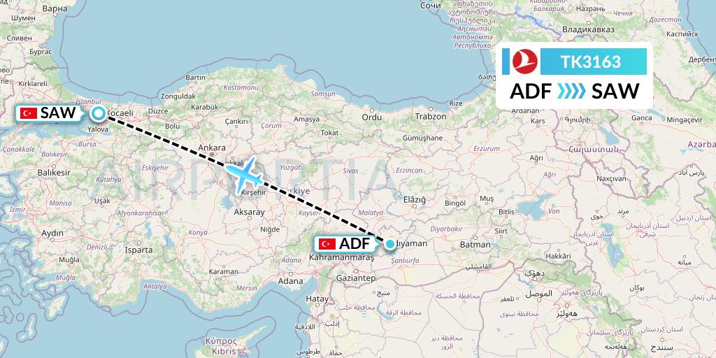 TK3163 Turkish Airlines Flight Map: Adiyaman to Istanbul