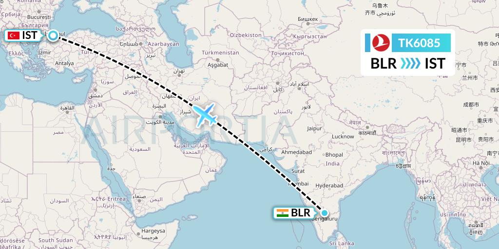 TK6085 Turkish Airlines Flight Map: Bangalore to Istanbul