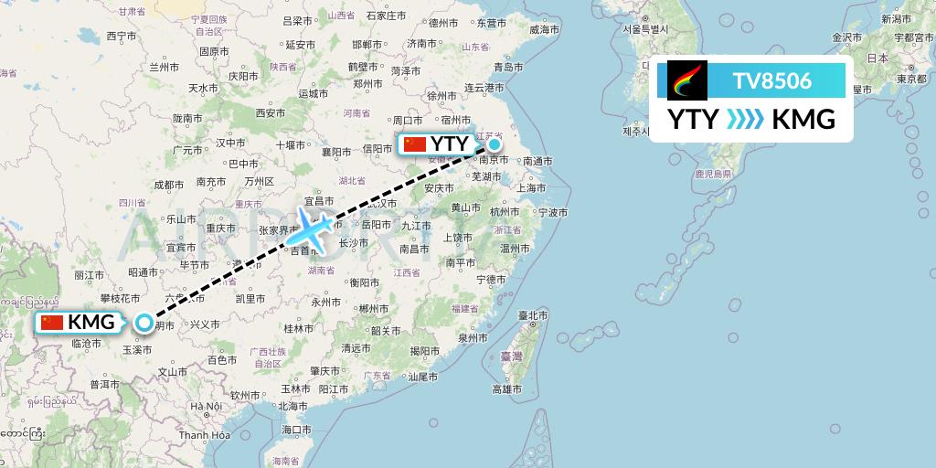 TV8506 Tibet Airlines Flight Map: Yangzhou to Kunming