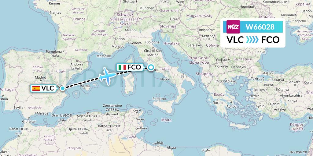 W66028 Wizz Air Flight Map: Valencia to Rome