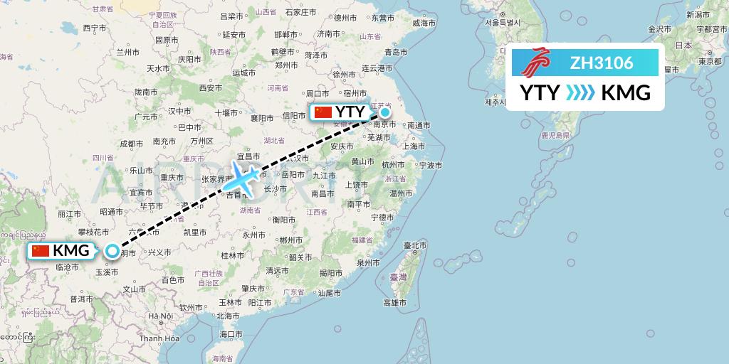 ZH3106 Shenzhen Airlines Flight Map: Yangzhou to Kunming
