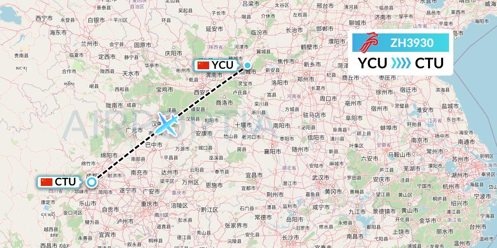 ZH3930 Shenzhen Airlines Flight Map: Yuncheng to Chengdu