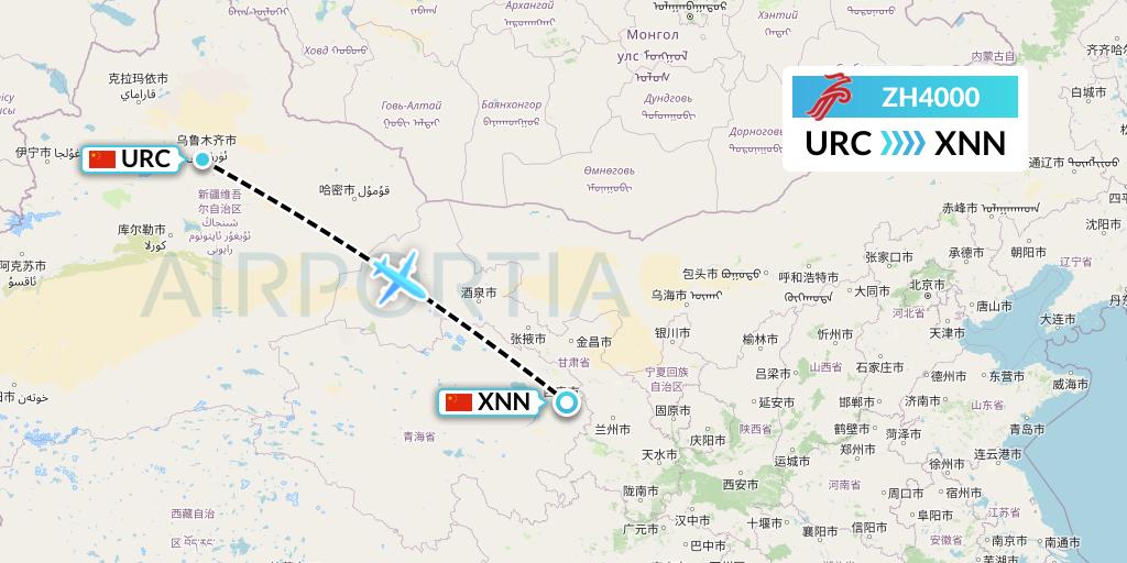 ZH4000 Shenzhen Airlines Flight Map: Urumqi to Xining