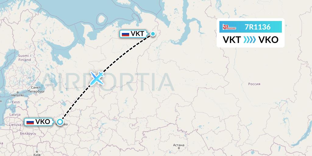7R1136 Rusline Flight Map: Vorkuta to Moscow