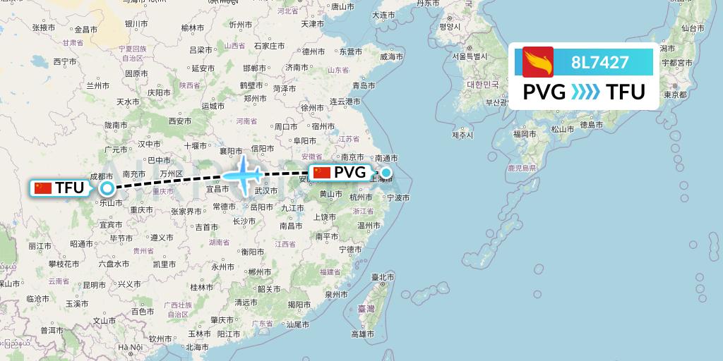 8L7427 Lucky Air Flight Map: Shanghai to Chengdu
