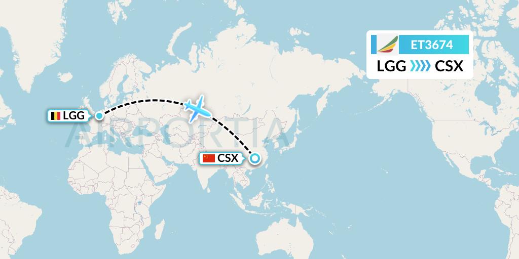 ET3674 Ethiopian Airlines Flight Map: Liege to Changsha