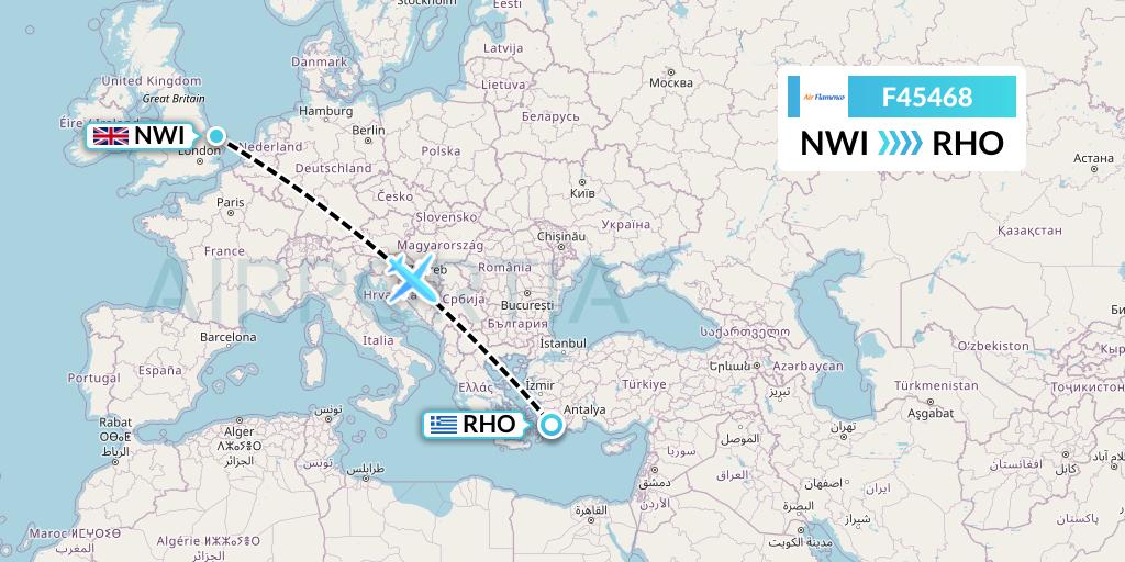 F45468 Air Flamenco Flight Map: Norwich to Rhodes