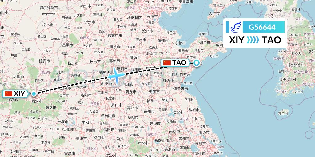 G56644 China Express Airlines Flight Map: Xi'an to Qingdao