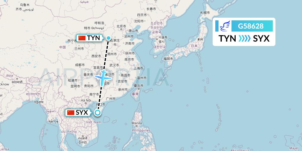 G58628 China Express Airlines Flight Map: Taiyuan to Sanya