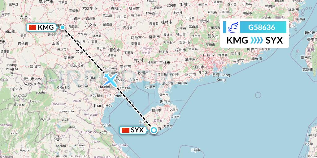 G58636 China Express Airlines Flight Map: Kunming to Sanya