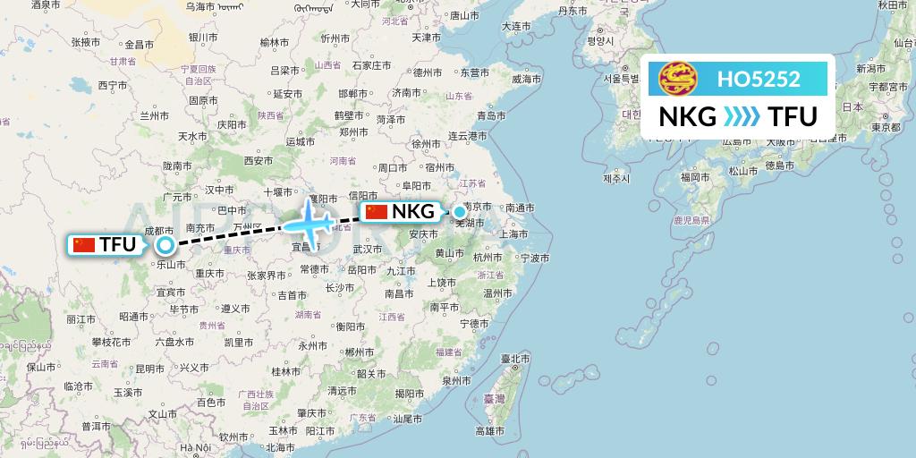 HO5252 Juneyao Airlines Flight Map: Nanjing to Chengdu