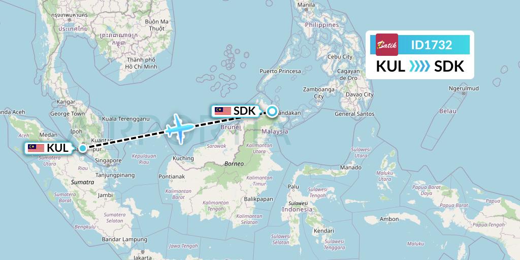 ID1732 Batik Air Flight Map: Kuala Lumpur to Sandakan
