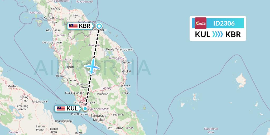 ID2306 Batik Air Flight Map: Kuala Lumpur to Kota Bharu