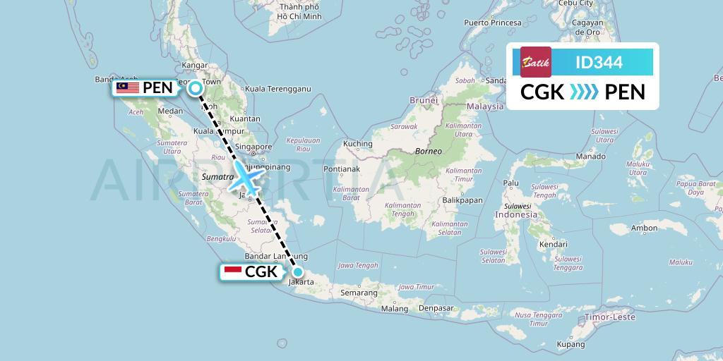 ID344 Batik Air Flight Map: Jakarta to Penang