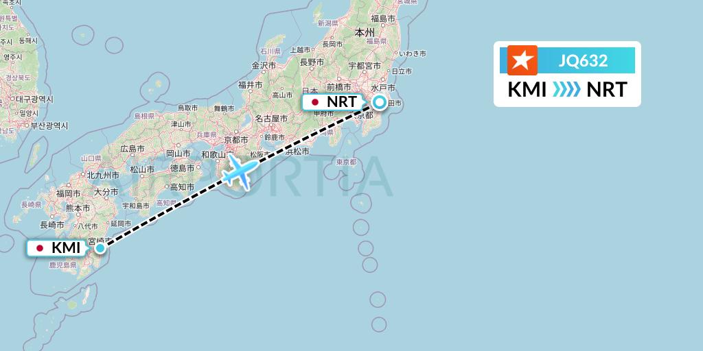 JQ632 Jetstar Airways Flight Map: Miyazaki to Tokyo