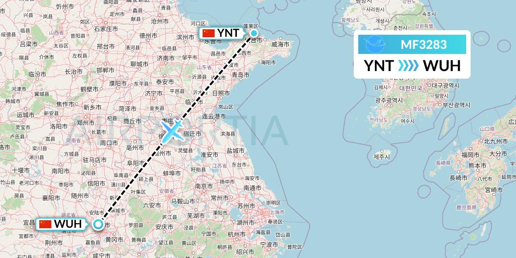 MF3283 Xiamen Airlines Flight Map: Yantai to Wuhan