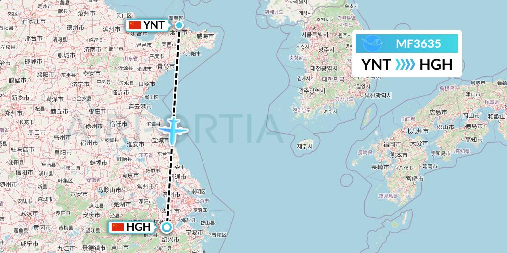 MF3635 Xiamen Airlines Flight Map: Yantai to Hangzhou