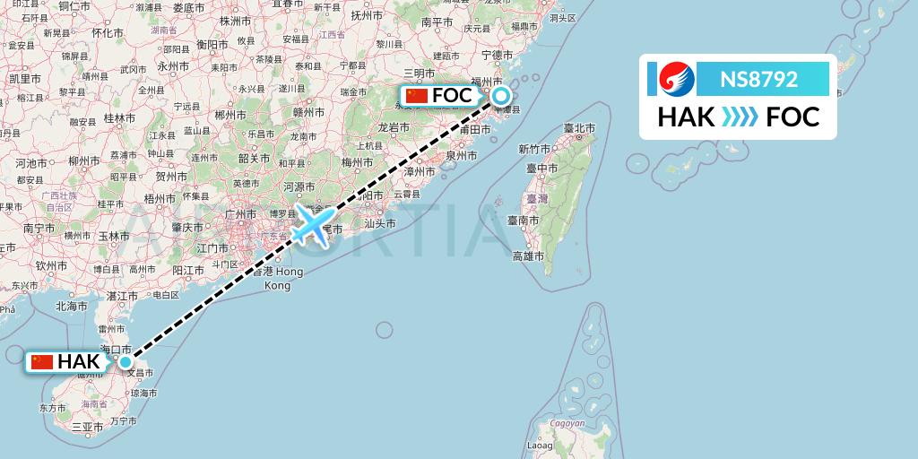 NS8792 Hebei Airlines Flight Map: Haikou to Fuzhou