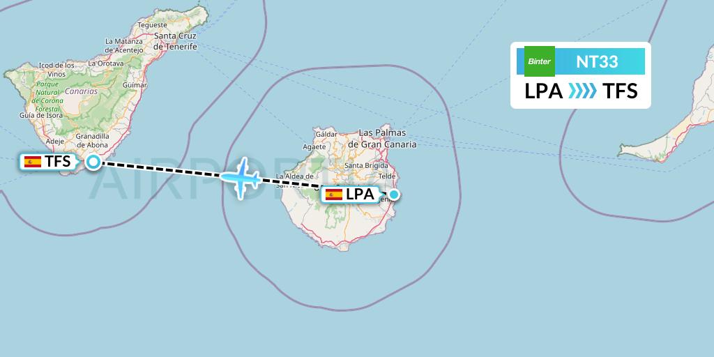 NT33 Binter Canarias Flight Map: Las Palmas to Tenerife