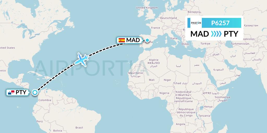 P6257 Pascan Aviation Flight Map: Madrid to Panama City