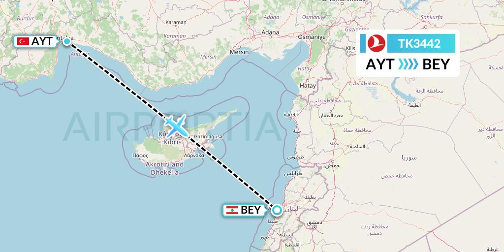 TK3442 Turkish Airlines Flight Map: Antalya to Beirut