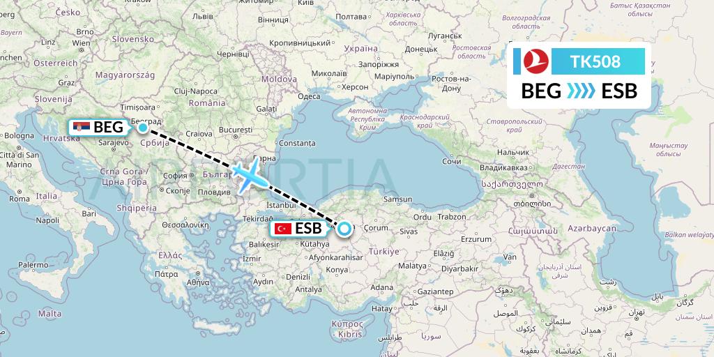 TK508 Turkish Airlines Flight Map: Belgrade to Ankara