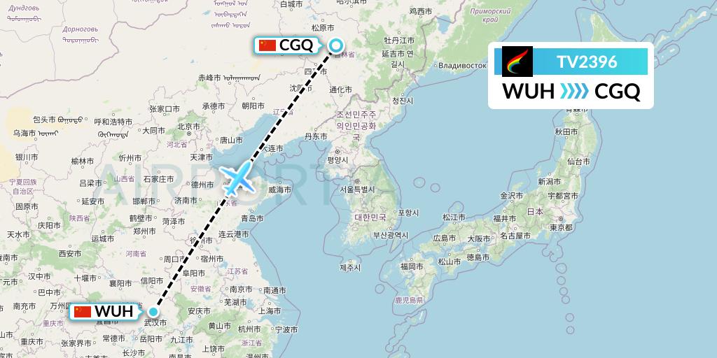 TV2396 Tibet Airlines Flight Map: Wuhan to Changchun