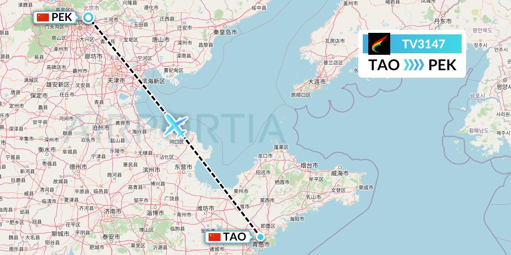 TV3147 Tibet Airlines Flight Map: Qingdao to Beijing