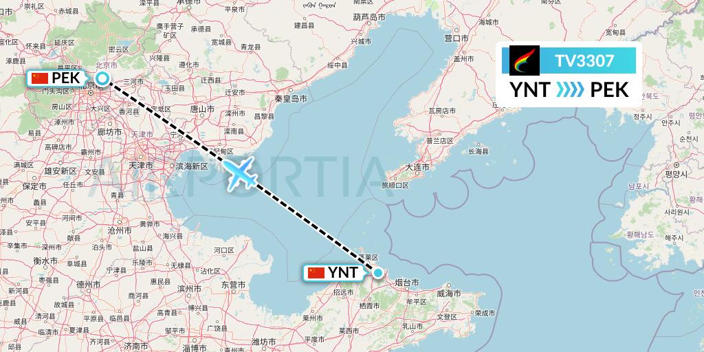 TV3307 Tibet Airlines Flight Map: Yantai to Beijing