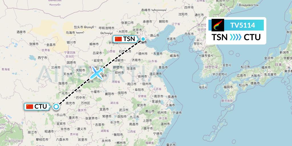 TV5114 Tibet Airlines Flight Map: Tianjin to Chengdu
