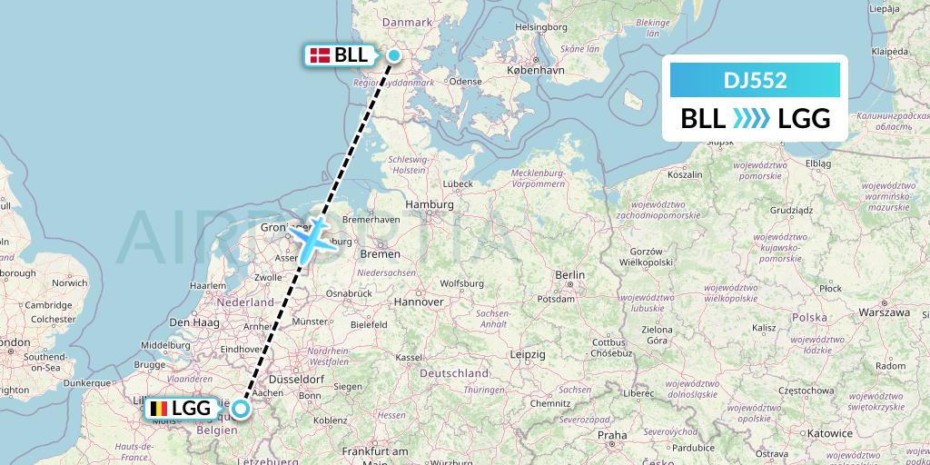 DJ552 Air Djibouti Flight Map: Billund to Liege