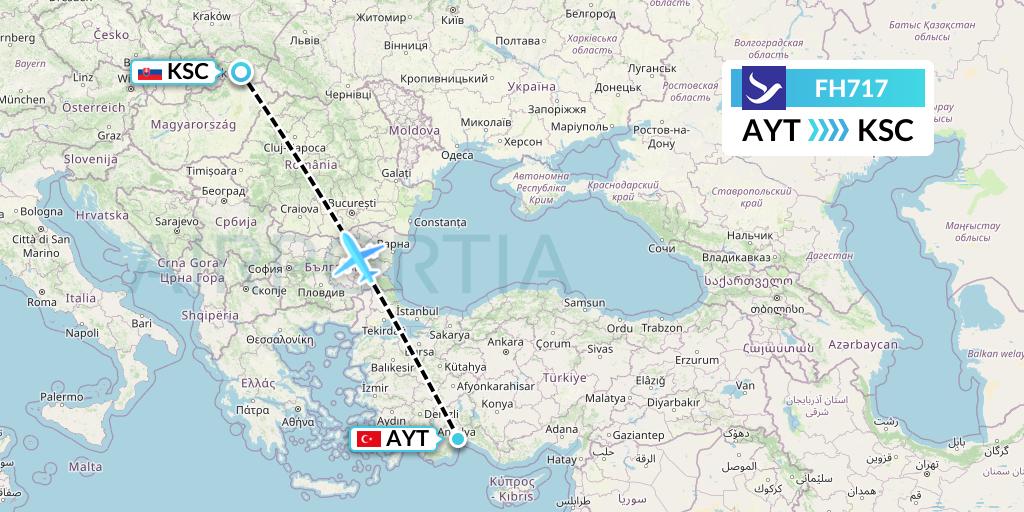 FH717 Freebird Airlines Flight Map: Antalya to Kosice