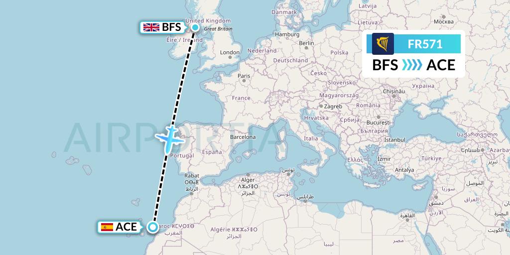 FR571 Ryanair Flight Map: Belfast to Lanzarote