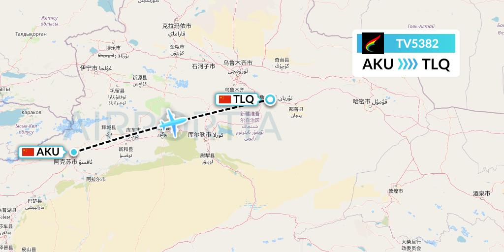 TV5382 Tibet Airlines Flight Map: Aksu to Turpan