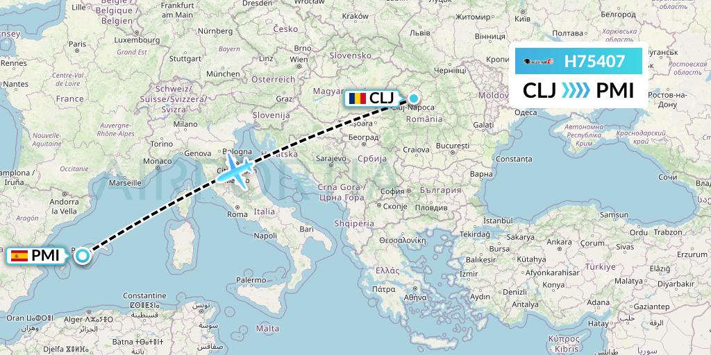 H75407 Eagle Air Flight Map: Cluj-Napoca to Palma de Mallorca