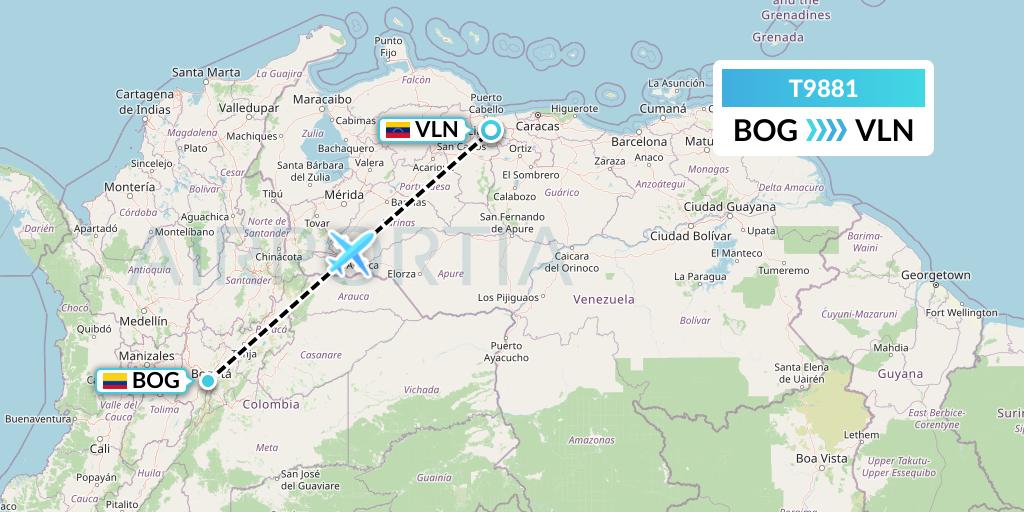 T9881 Turpial Airlines Flight Map: Bogota to Valencia