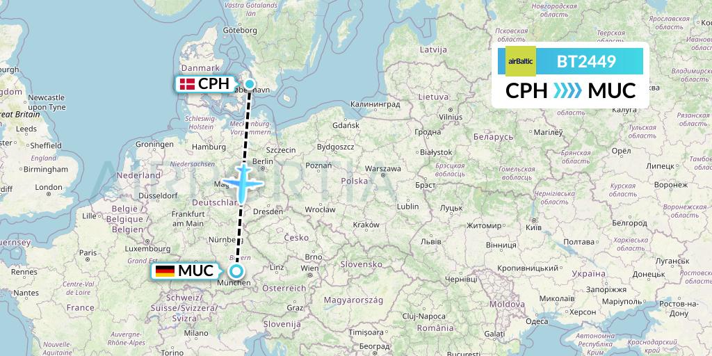 BT2449 Air Baltic Flight Map: Copenhagen to Munich